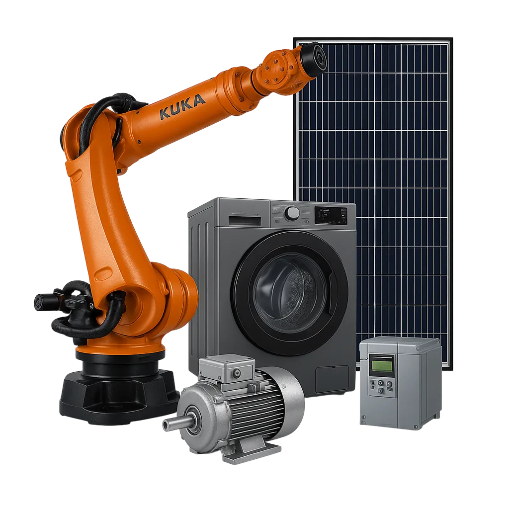 Industrieroboter, Waschmaschine, Solarmodul, Elektromotor und Steuergerät
