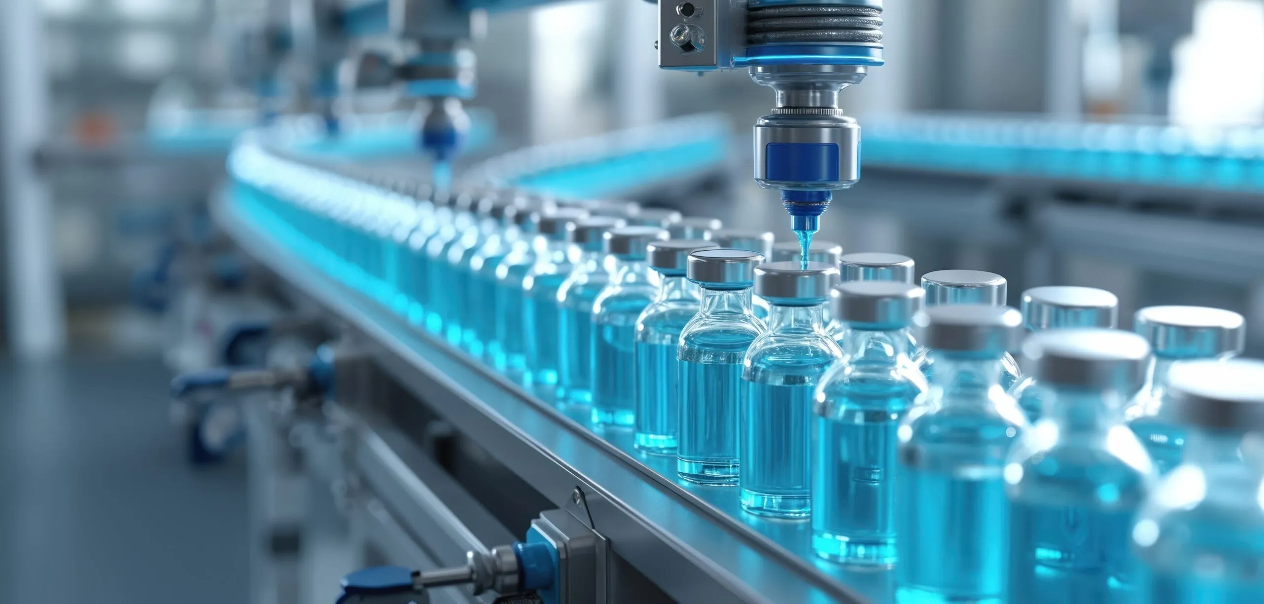 Eine Abfüllanlage dosiert blaue Flüssigkeit in Glasfläschchen auf einem Förderband
