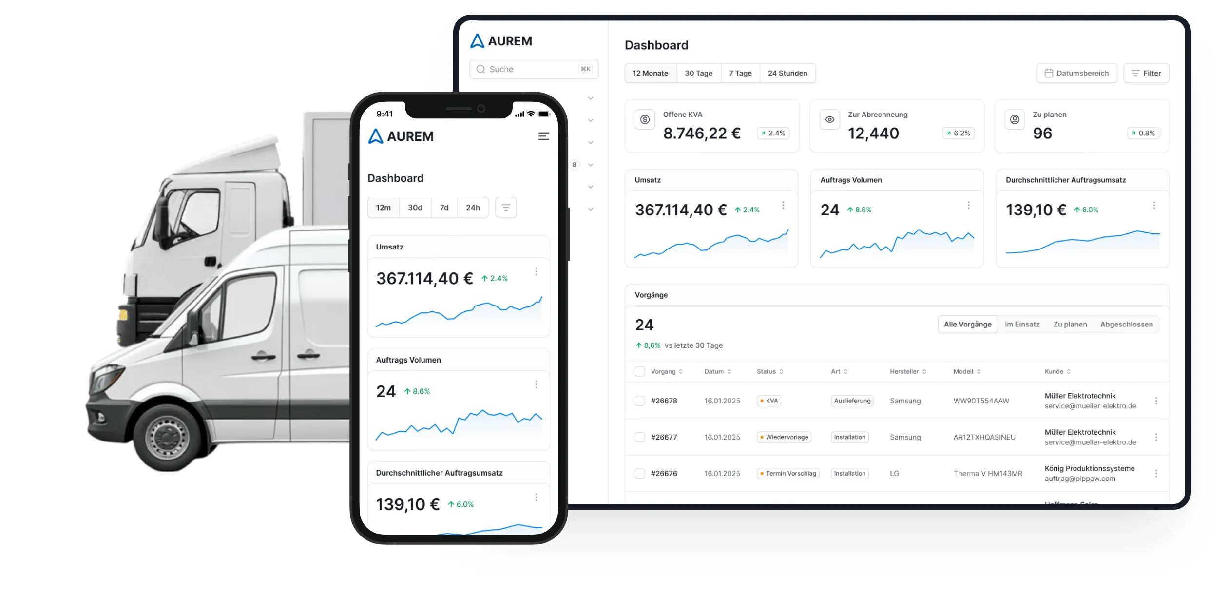Das Aurem-Dashboard auf einem Bildschirm und einem iPhone, daneben ein Servicetransporter